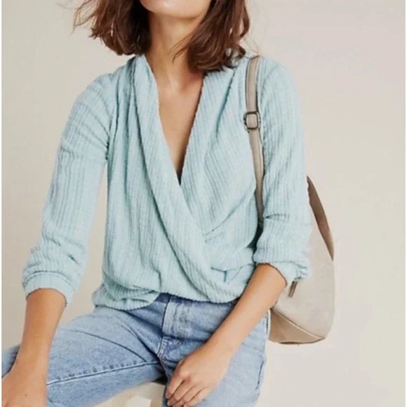 Maeve Anthropologie Sweater Wrap M Blue VNeck Fuzzy Cozy Texture Longsleeve Teal - Picture 1 of 6